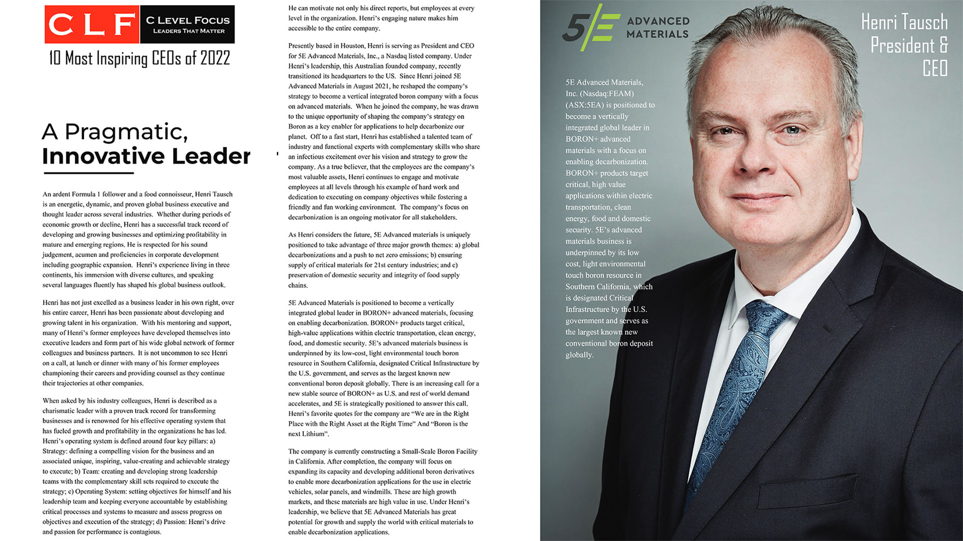 Henri Tausch, President & CEO of 5E Advanced Materials, has been Recognized as One of the 10 Most Inspiring CEOs in 2022