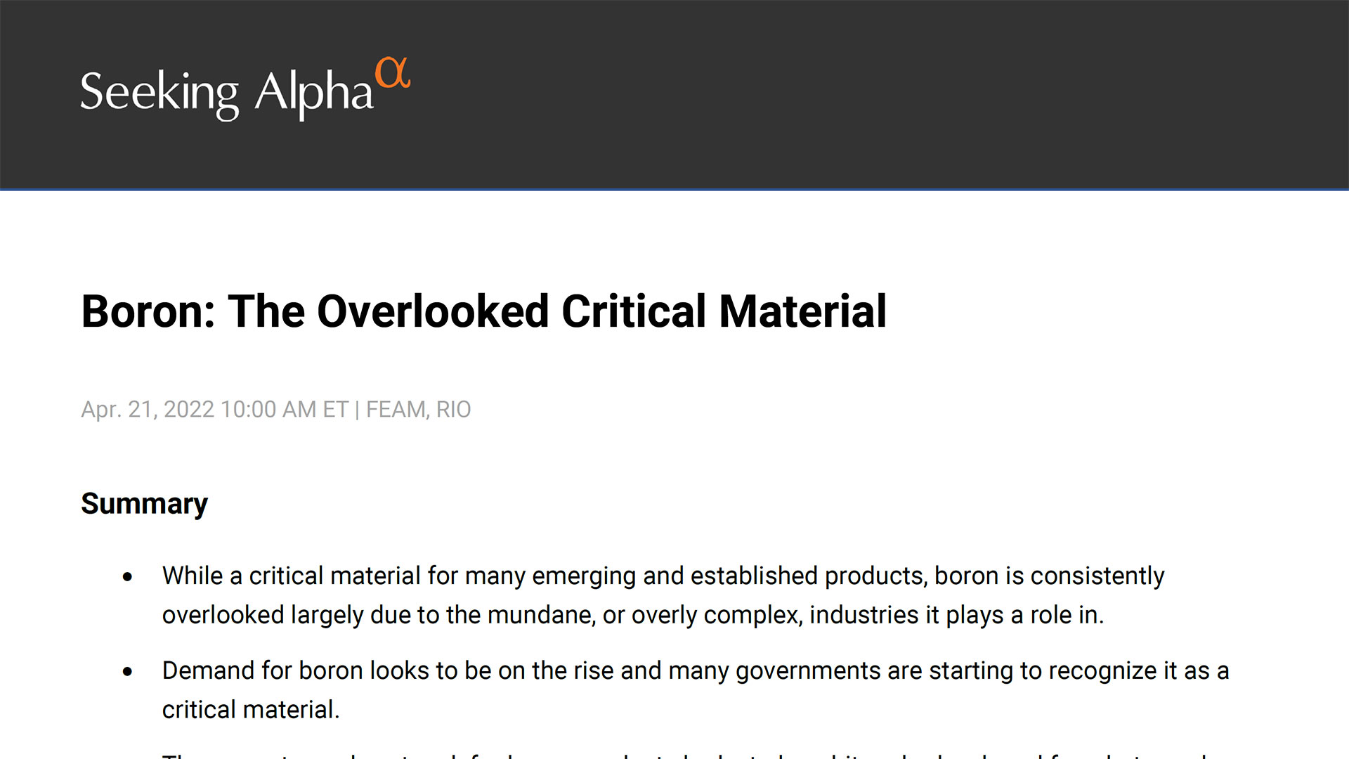 Seeking Alpha – Boron: The Overlooked Critical Material